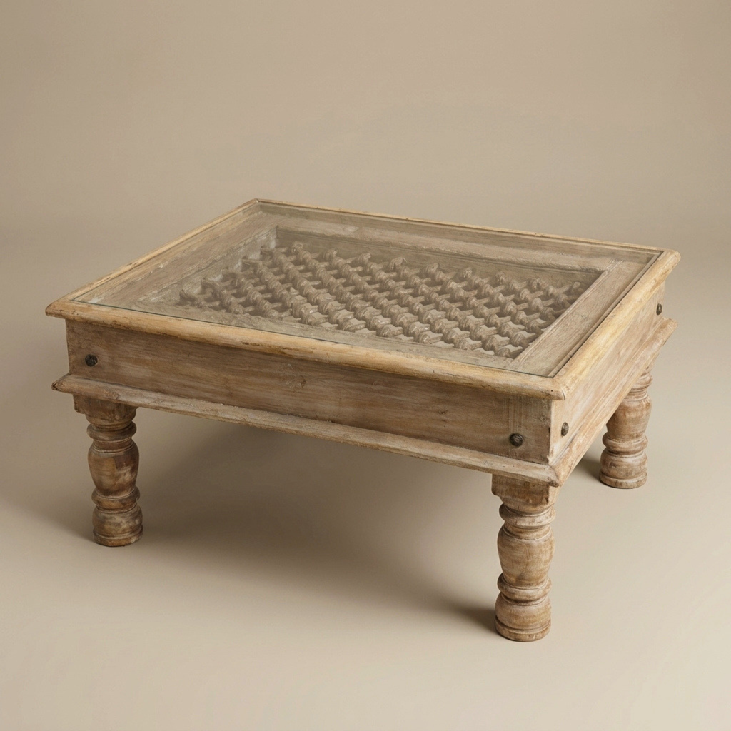 WS101 - Reclaimed Wood Jali Inlay Glass Top Coffee Table