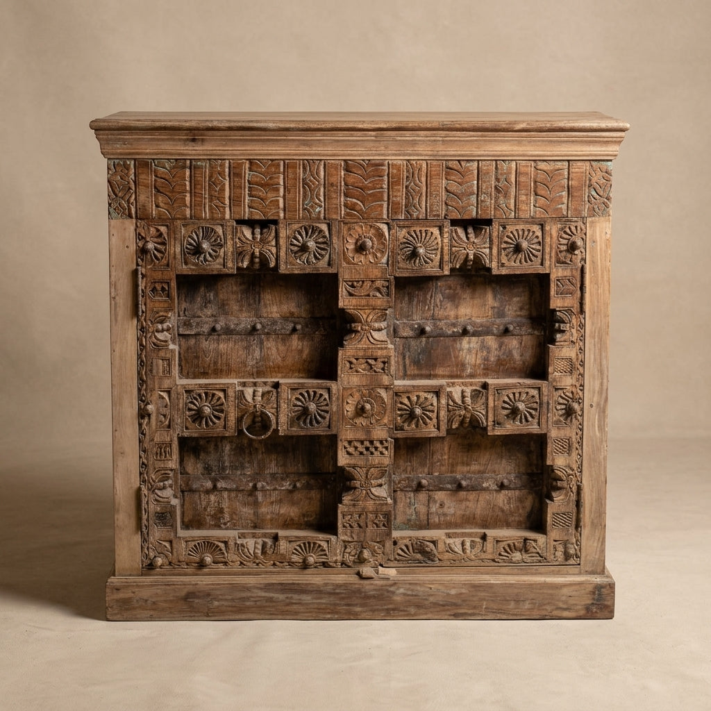 WS97 - Reclaimed Wood Carved 2-Door Antique Cabinet