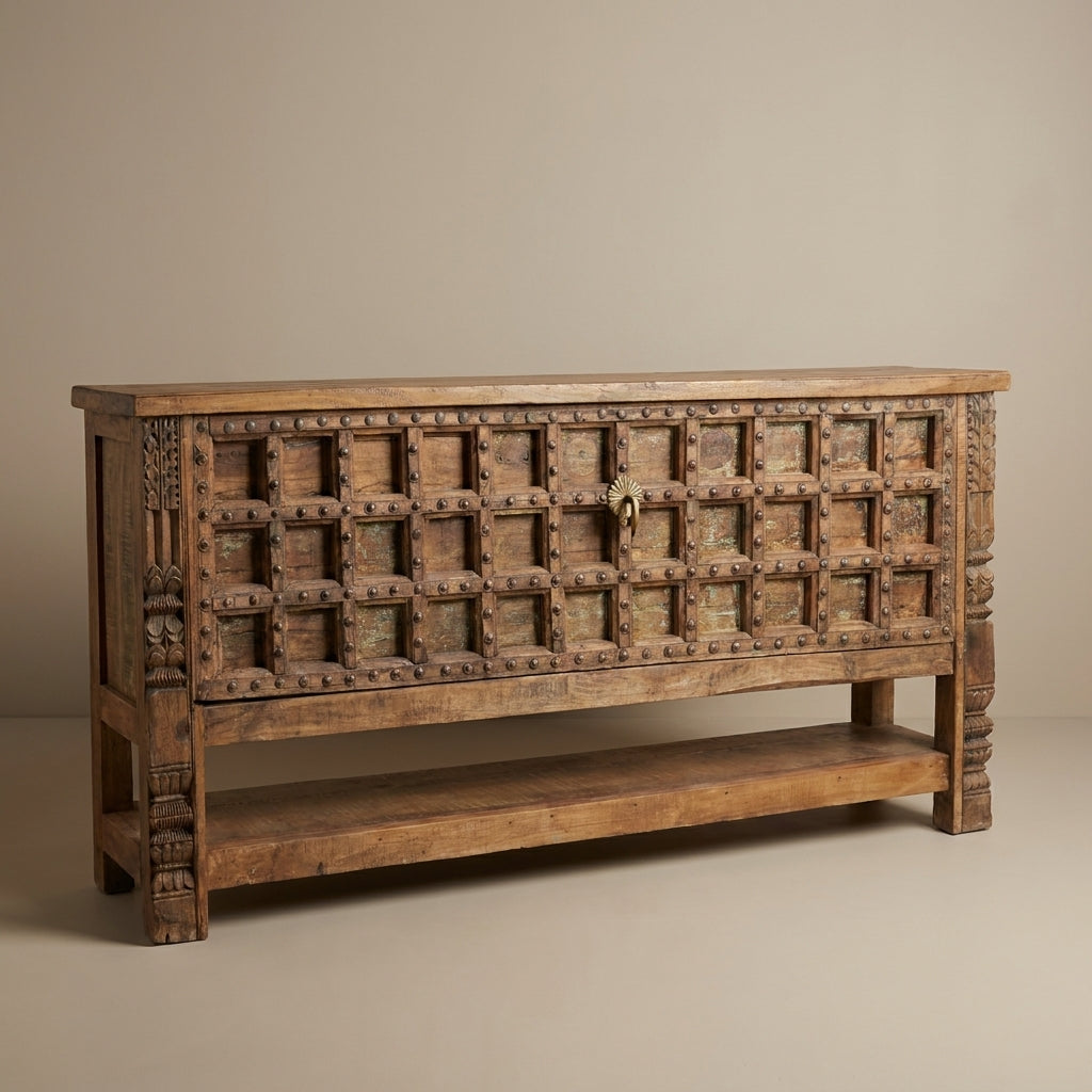 WS68 - Reclaimed Wood Carving & Antique Door Bottom Shelf Console