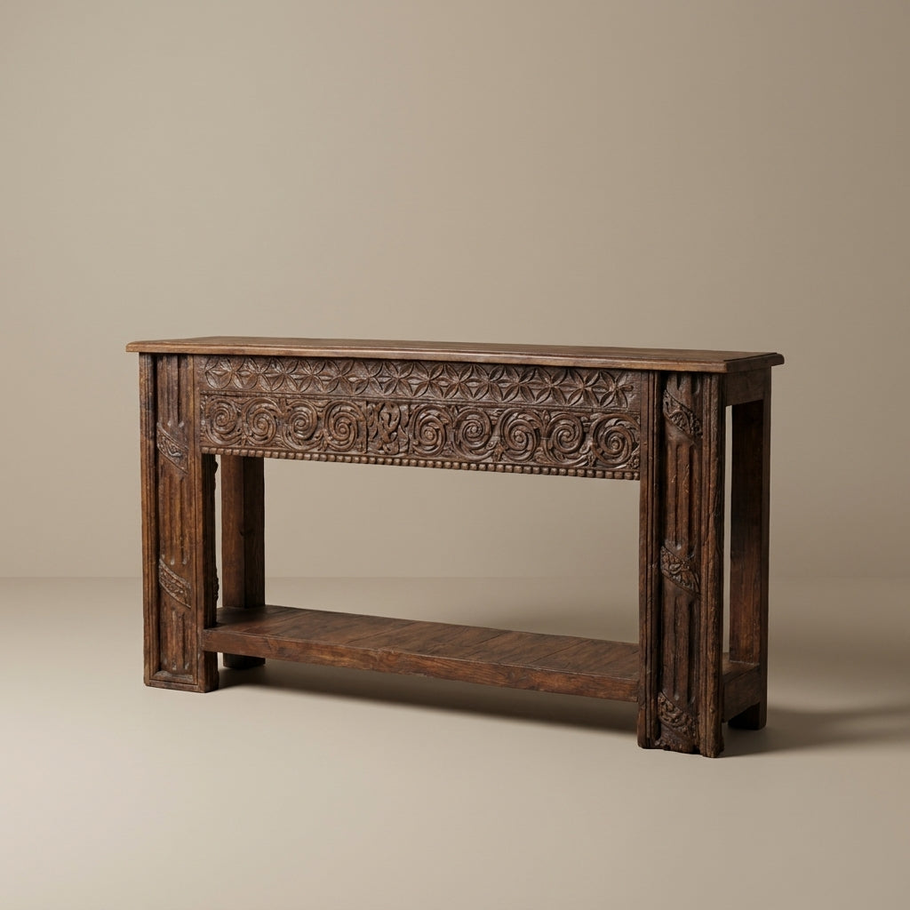 WS108 - Reclaimed Wood Antique Carving Bottom Shelf Console Table
