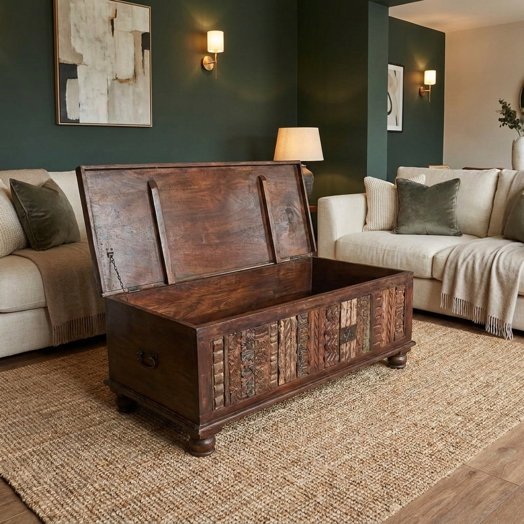 WS133 - Reclaimed wood carved fitted coffee table with storage
