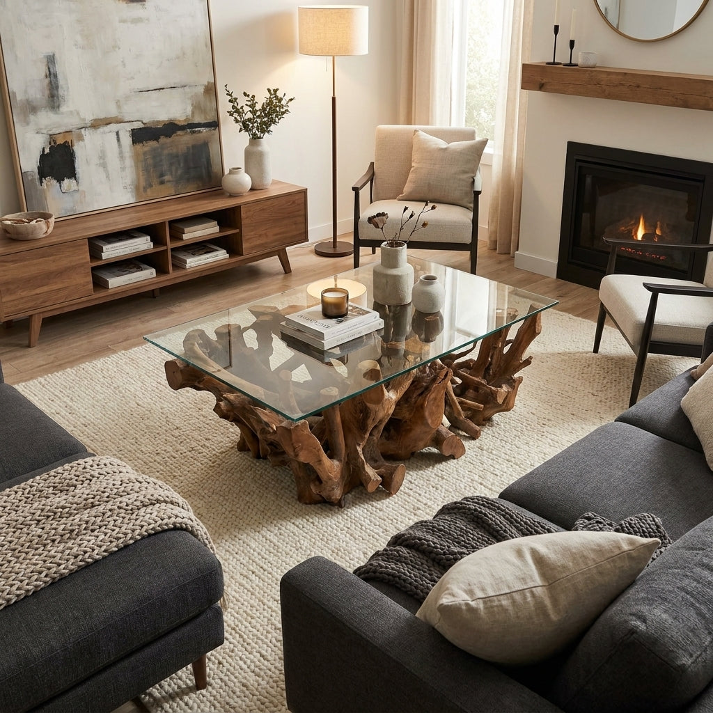 WS07 - Teak Root Coffee Table with Bevelled Glass Top