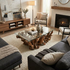WS07 - Teak Root Coffee Table with Bevelled Glass Top