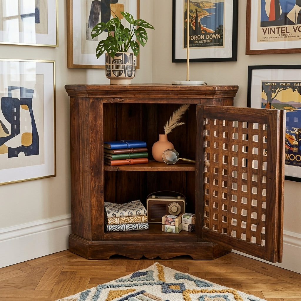 WS122 - Reclaimed Wood Cutwork 1-Door Corner Cabinet