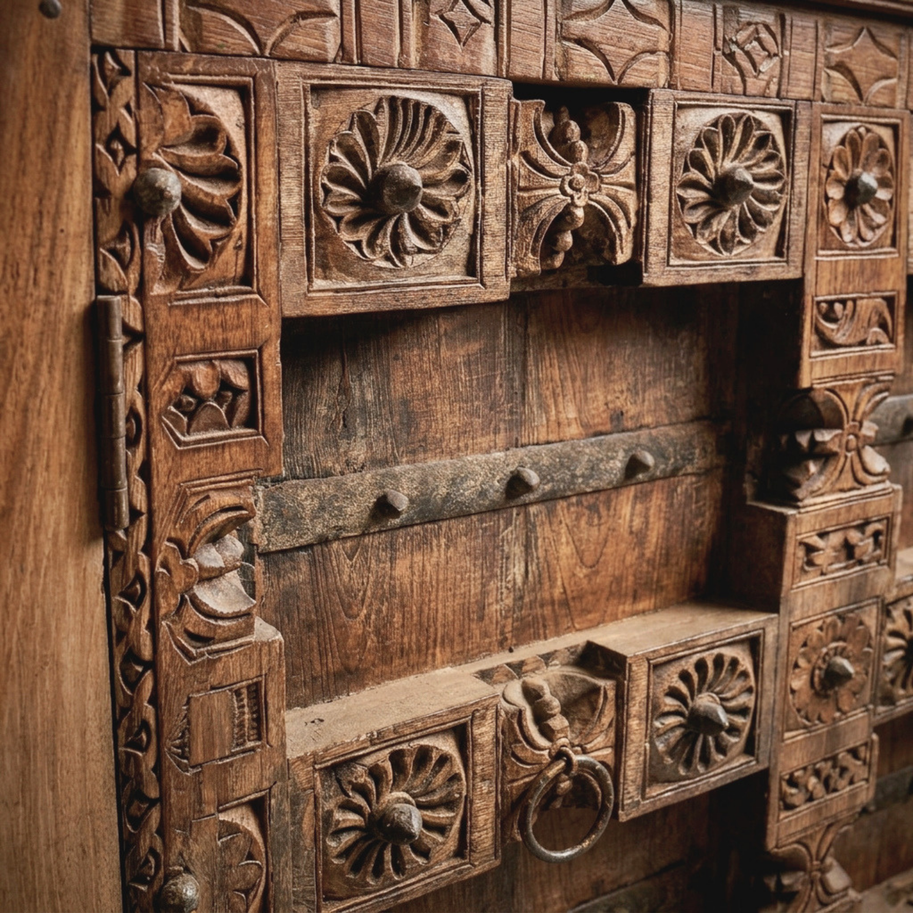 WS97 - Reclaimed Wood Carved 2-Door Antique Cabinet
