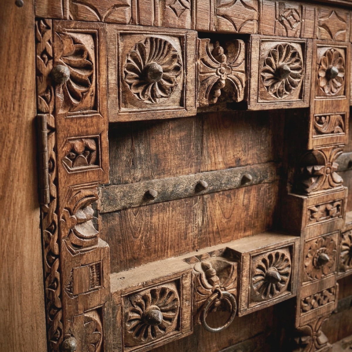 WS97 - Reclaimed Wood Carved 2-Door Antique Cabinet