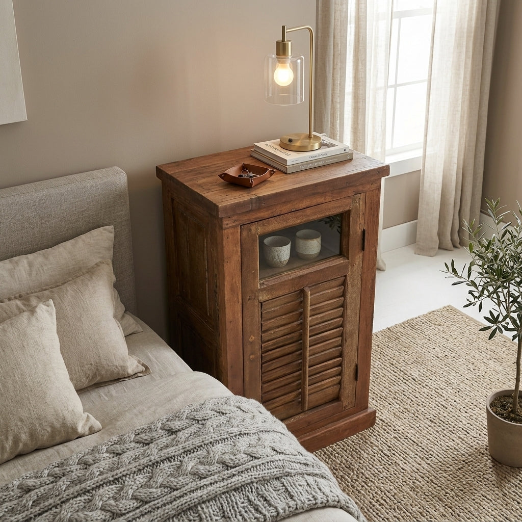WS109 - Reclaimed Wood Louvered Style Glass-Fitted Door Cabinet