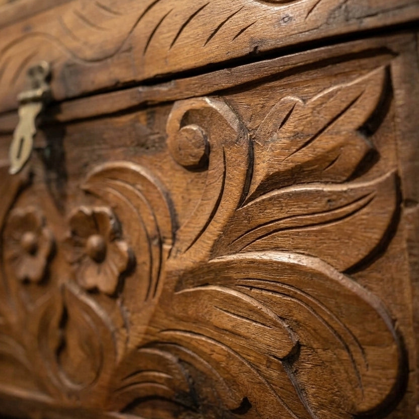 WS123 - Reclaimed Wood Carved Antique Storage Chest/Bench