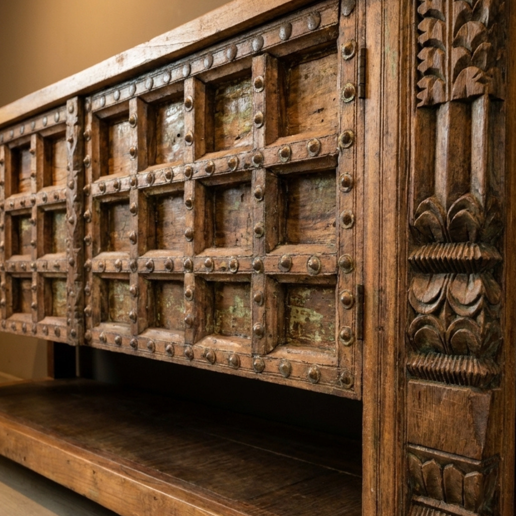 WS68 - Reclaimed Wood Carving & Antique Door Bottom Shelf Console