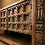 WS68 - Reclaimed Wood Carving & Antique Door Bottom Shelf Console