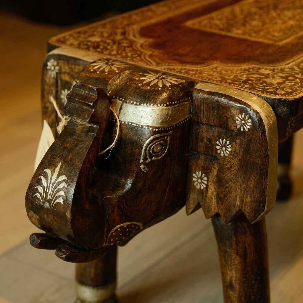 WS141 - Solid Wood Brass Fitted Carved Elephant Stool