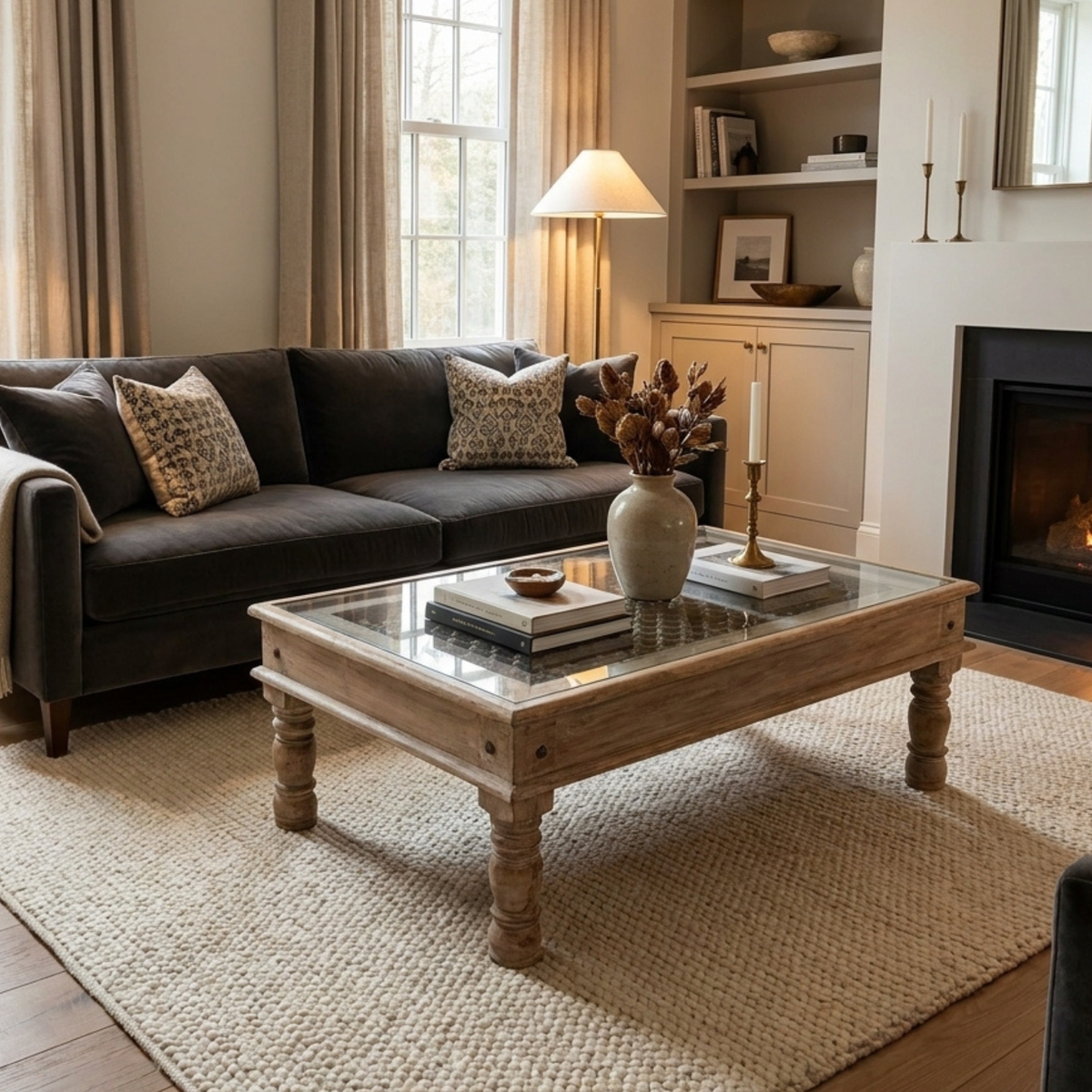 WS101 - Reclaimed Wood Jali Inlay Glass Top Coffee Table