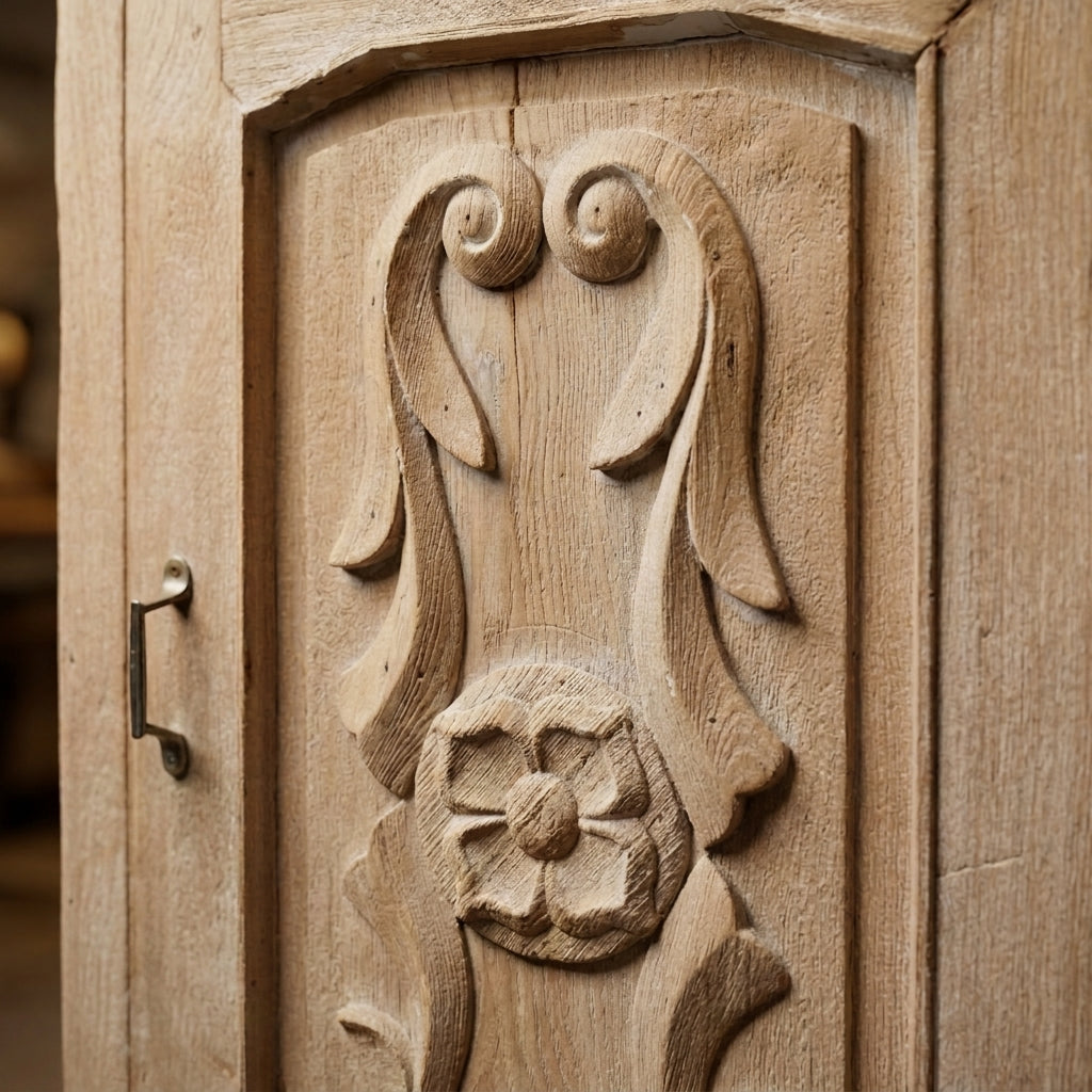 WS37 - Reclaimed White Wash Wood Carved Door Cabinet