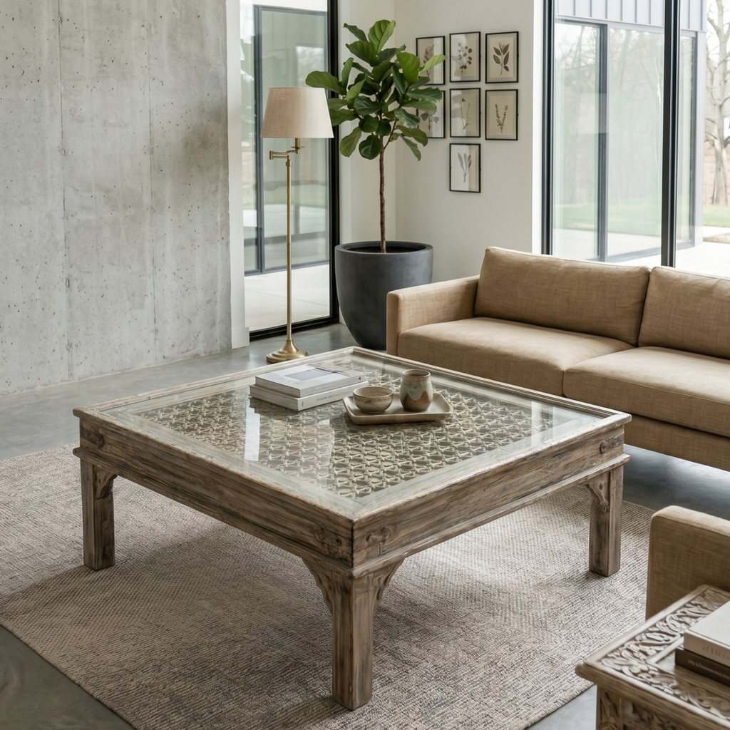 WS13 - Reclaimed Wood Jali Fitted Inlay Glass Top Coffee Table