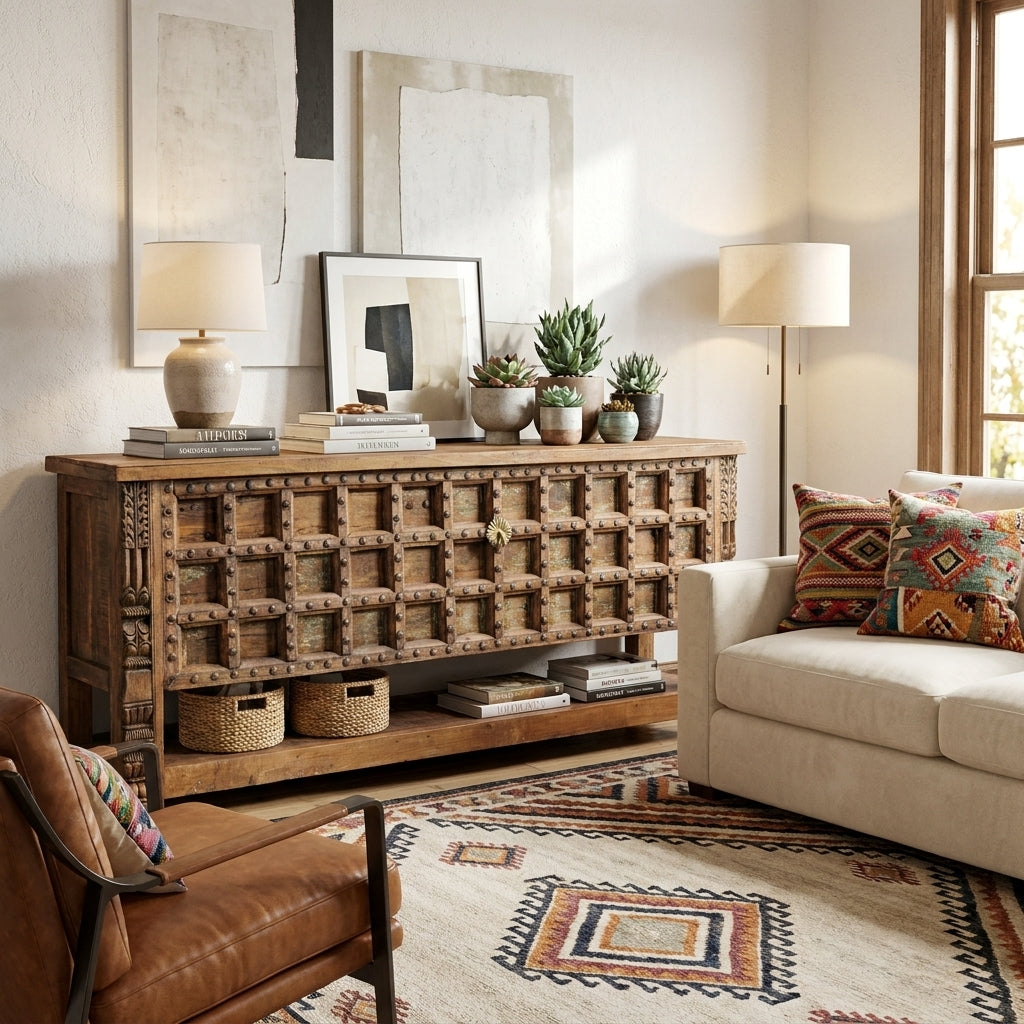 WS68 - Reclaimed Wood Carving & Antique Door Bottom Shelf Console