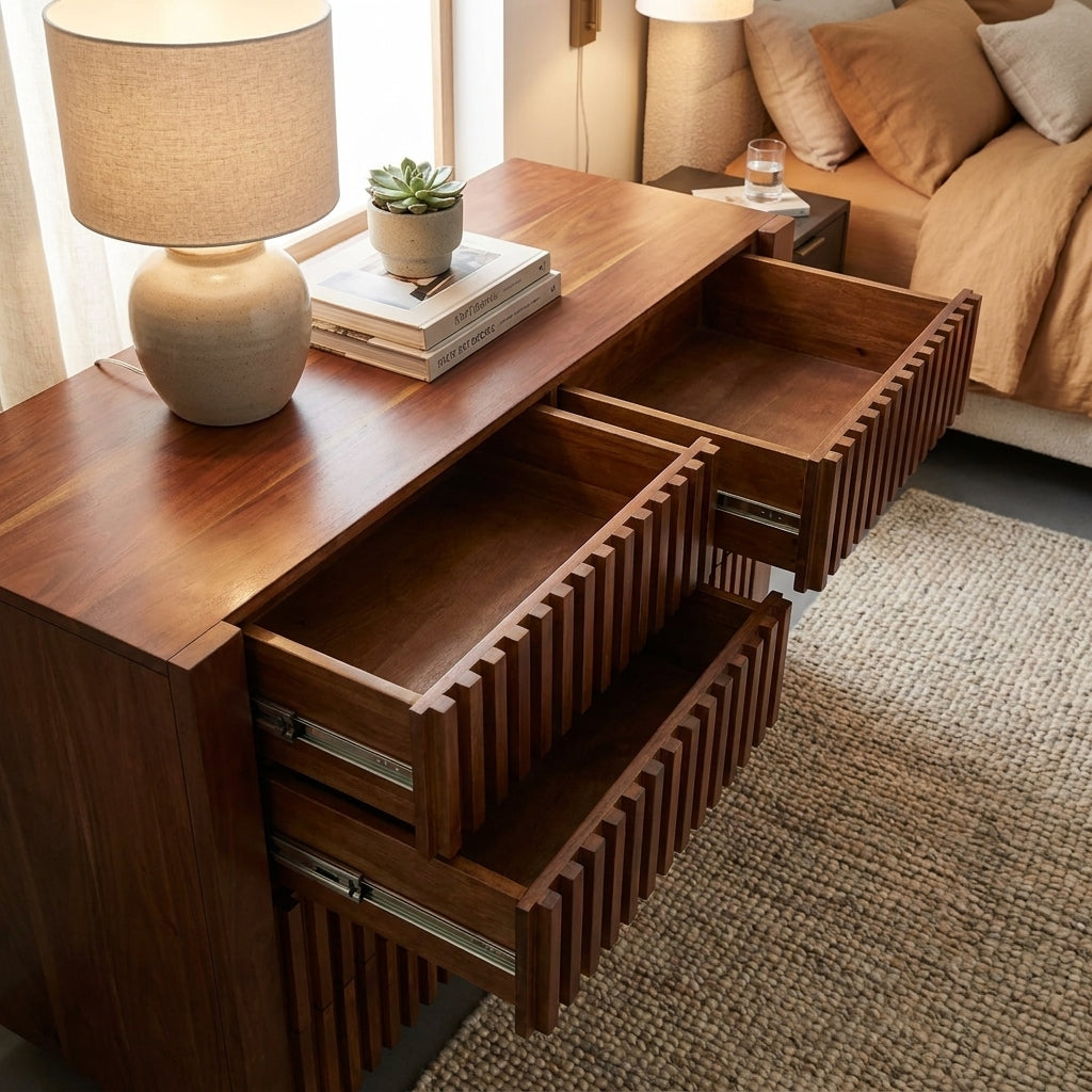 LH112 - Solid Acacia 6 Fluted Drawer Dresser