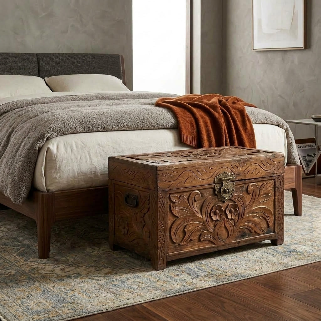 WS123 - Reclaimed Wood Carved Antique Storage Chest/Bench