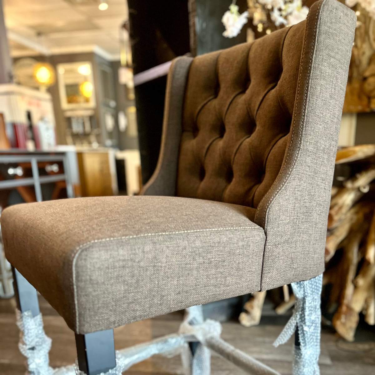CH07 - Brown Linen Upholstered Tufted Counter Chair