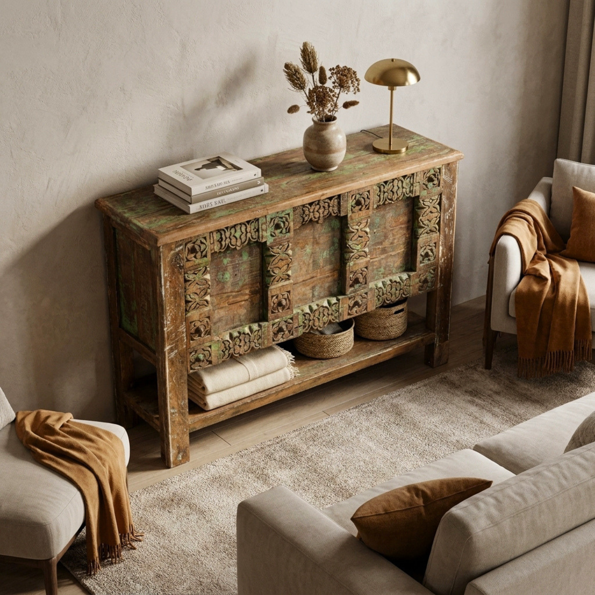 WS184 - Reclaimed Wood Antique Panel Front Bottom Shelf Console