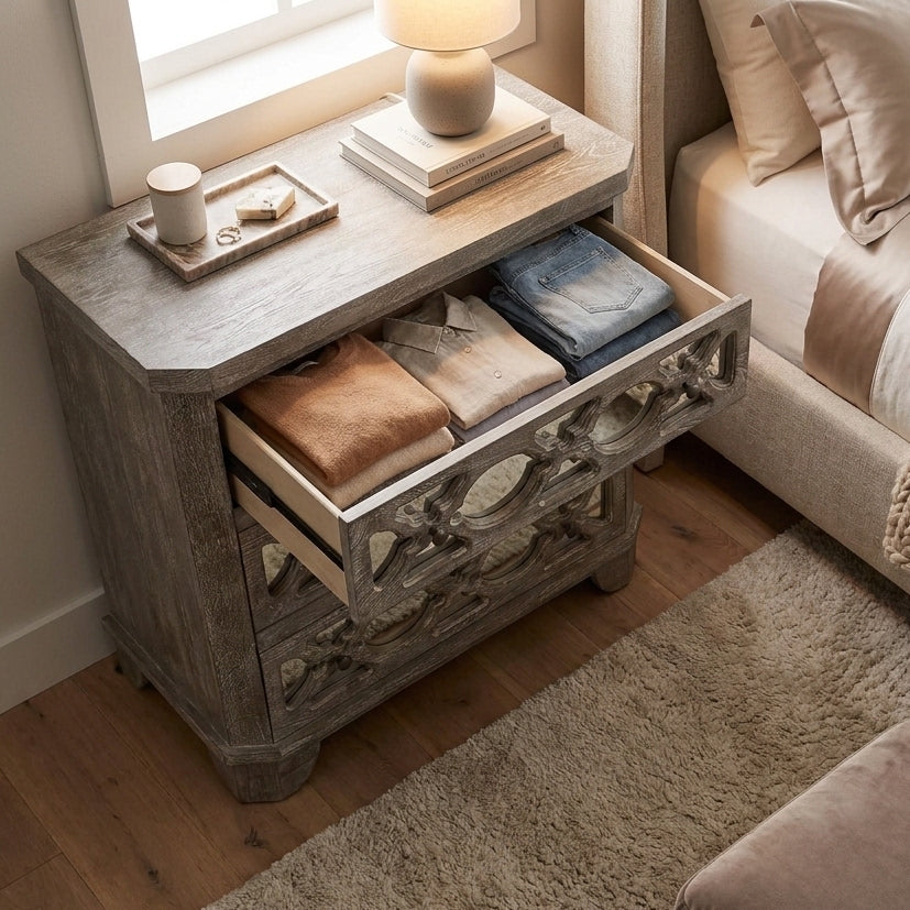 LH26061 - Solid Wood White Wash 3 Mirror Fitted Drawer Dresser