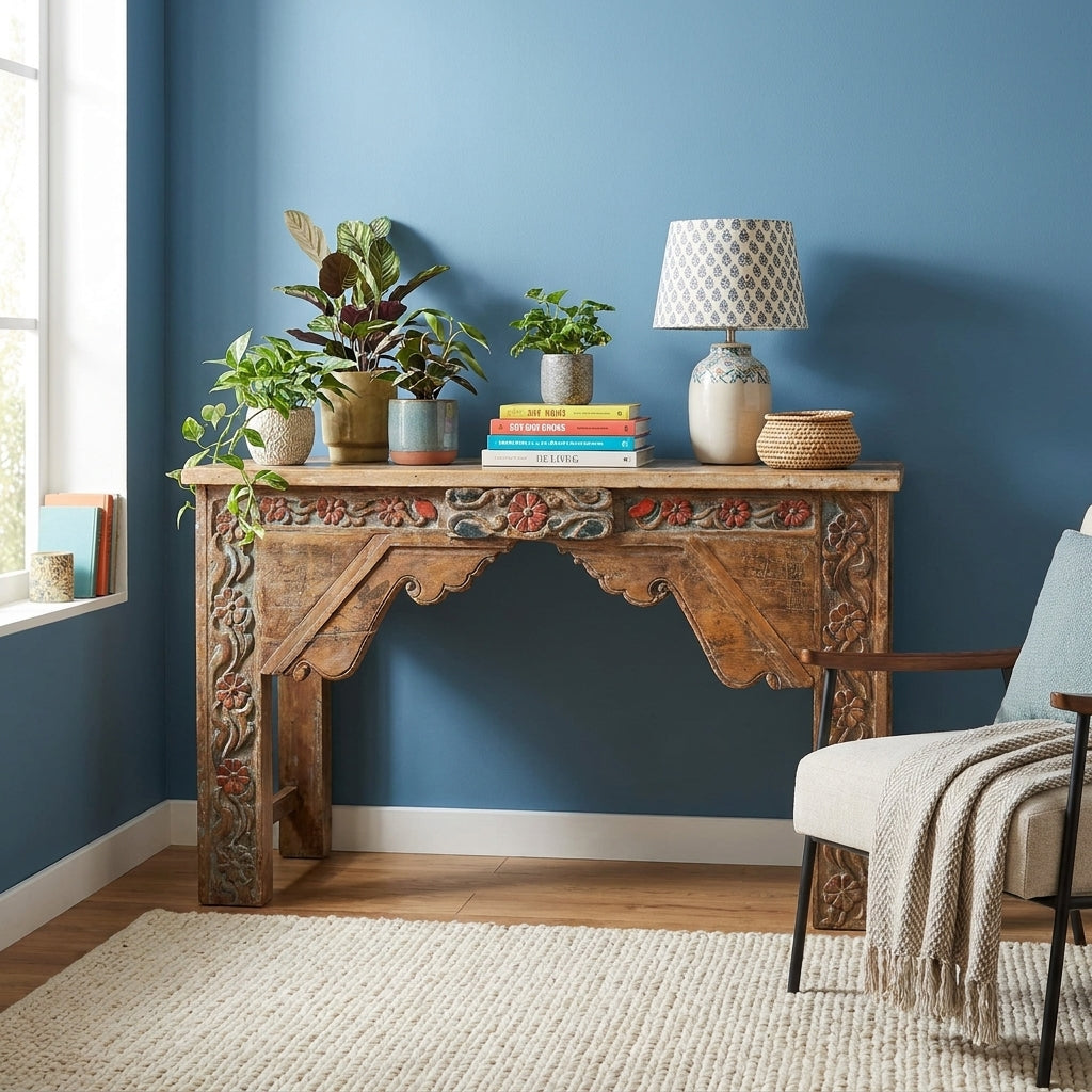 WS25 - Reclaimed Painted Wood Carved Front Console Table