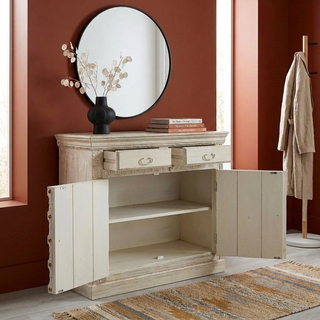 WS1582 - Solid Wood Hand-Carved 2-Door 2-Drawer Cabinet