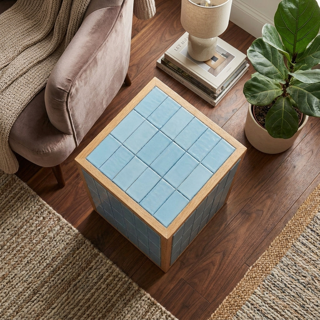 LH63 - Blue Solid Wood Tile Fitted Side Table