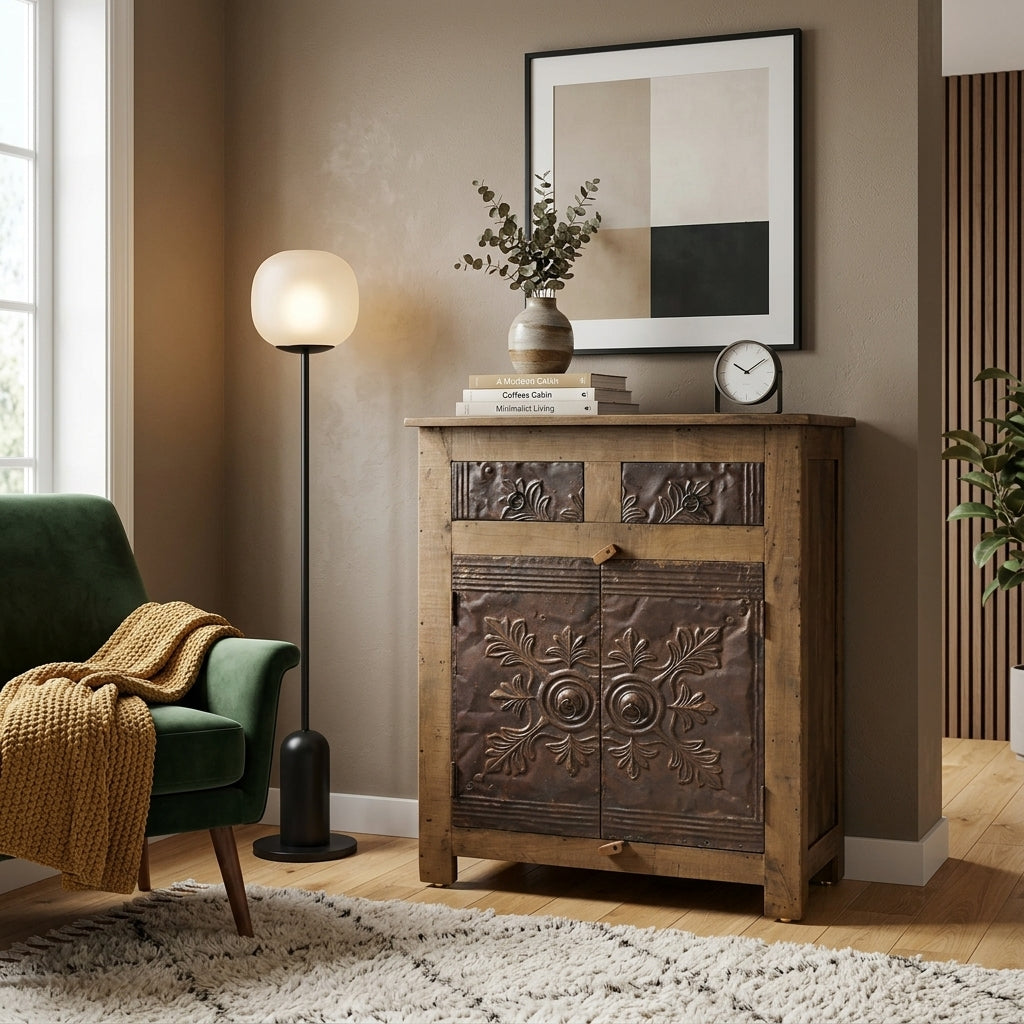 WS14 - Reclaimed Wood 2-Door 2-Drawer Antique Tile Cabinet