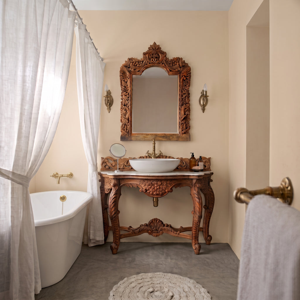 WS203 - Ornate Hand-Carved Wood Console Table & Mirror Set