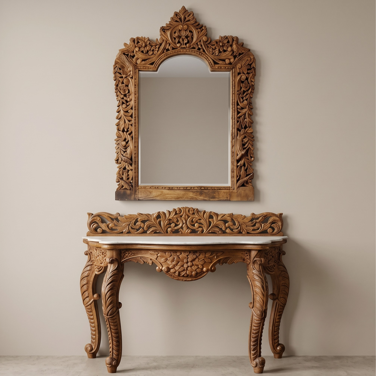 WS203 - Ornate Hand-Carved Wood Console Table & Mirror Set