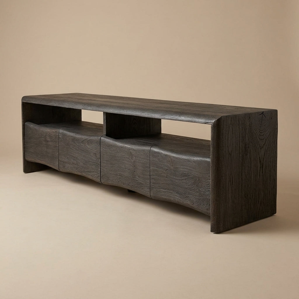 LH94 - Solid Acacia Open Shelf 4 Drawer Entertainment Stand