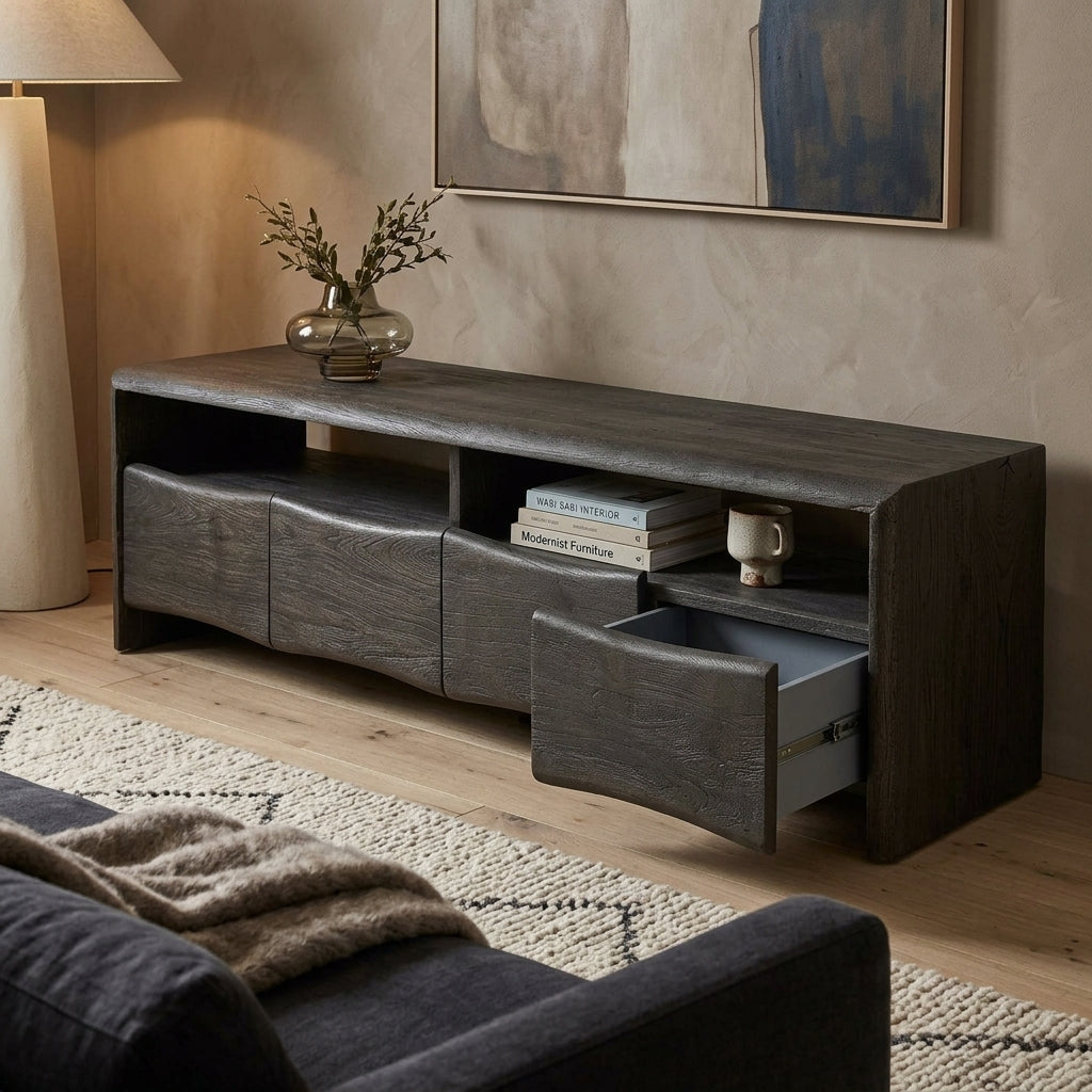 LH94 - Solid Acacia Open Shelf 4 Drawer Entertainment Stand