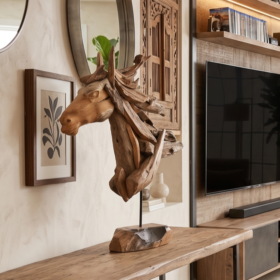 S39 - Sculpture Head Horse with Iron Base Teak Root