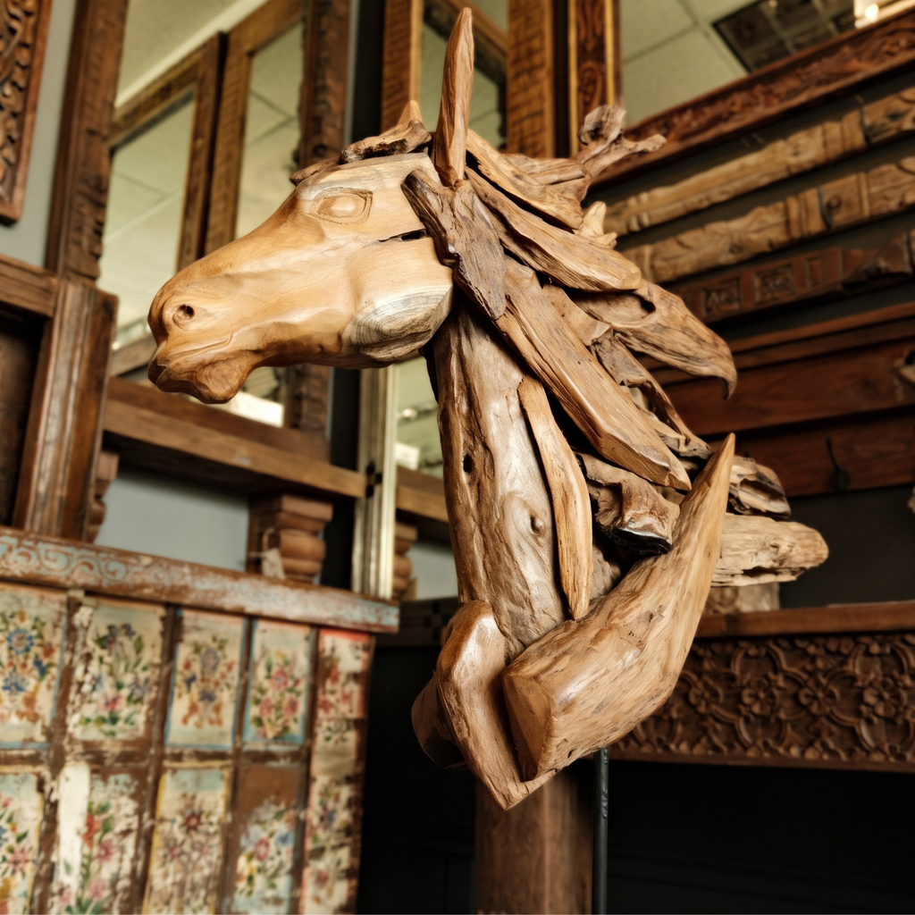 S39 - Sculpture Head Horse with Iron Base Teak Root