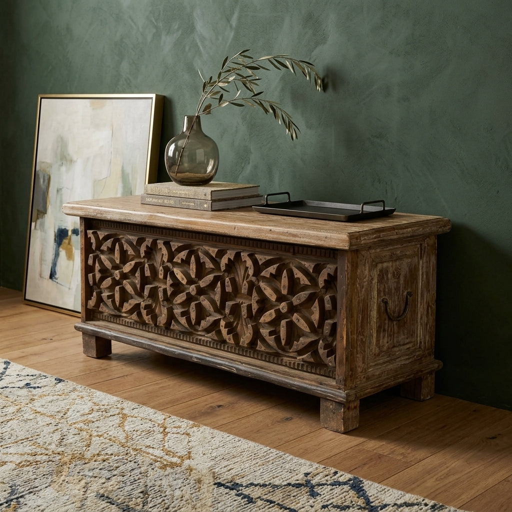 WS87 - Reclaimed Wood Fitted with Antique carving storage chest-bench