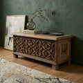 WS87 - Reclaimed Wood Fitted with Antique carving storage chest-bench