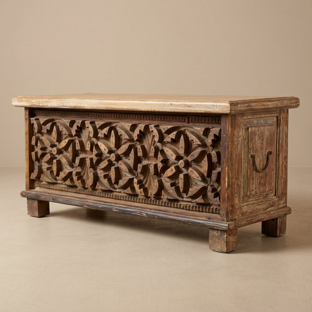 WS87 - Reclaimed Wood Fitted with Antique carving storage chest-bench