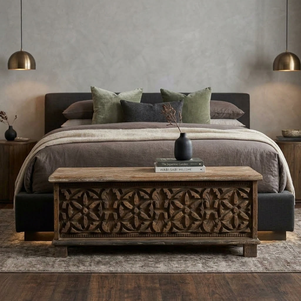 WS87 - Reclaimed Wood Fitted with Antique carving storage chest-bench