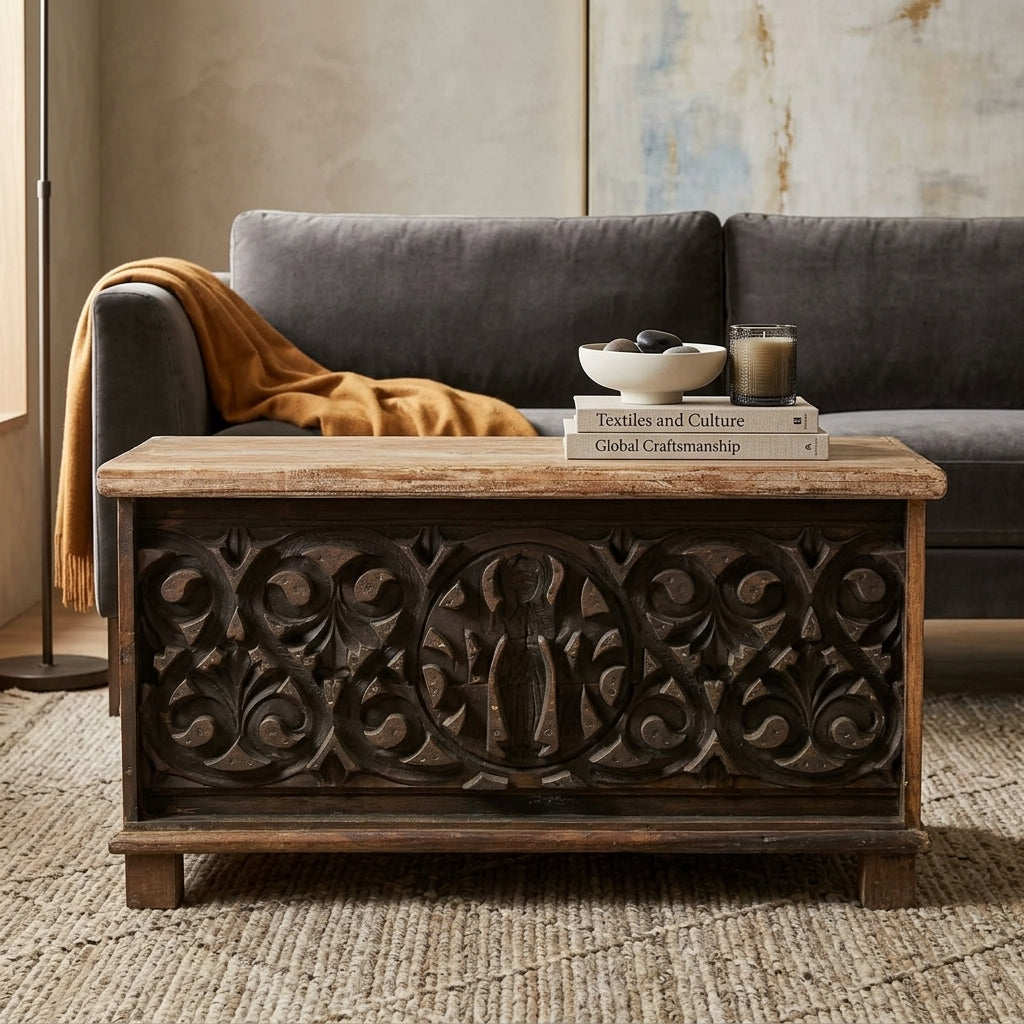 WS88C - Reclaimed Wood Antique Carved Storage Chest