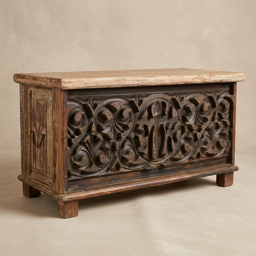 WS88C - Reclaimed Wood Antique Carved Storage Chest