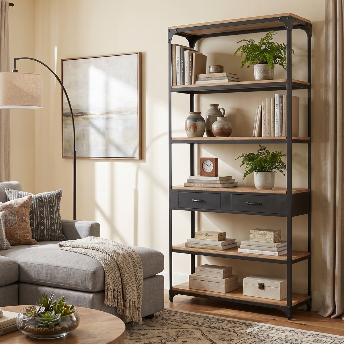 WS105 - 2 drawer wood iron shelf