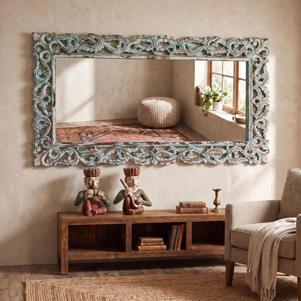 WS133M - Hand Carved Solid Wood Mirror 71_x35_ Blue