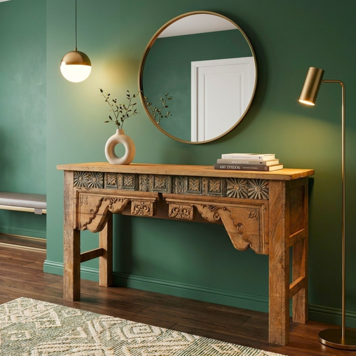 WS1570 - Reclaimed Wood Hand-Carved Console Table