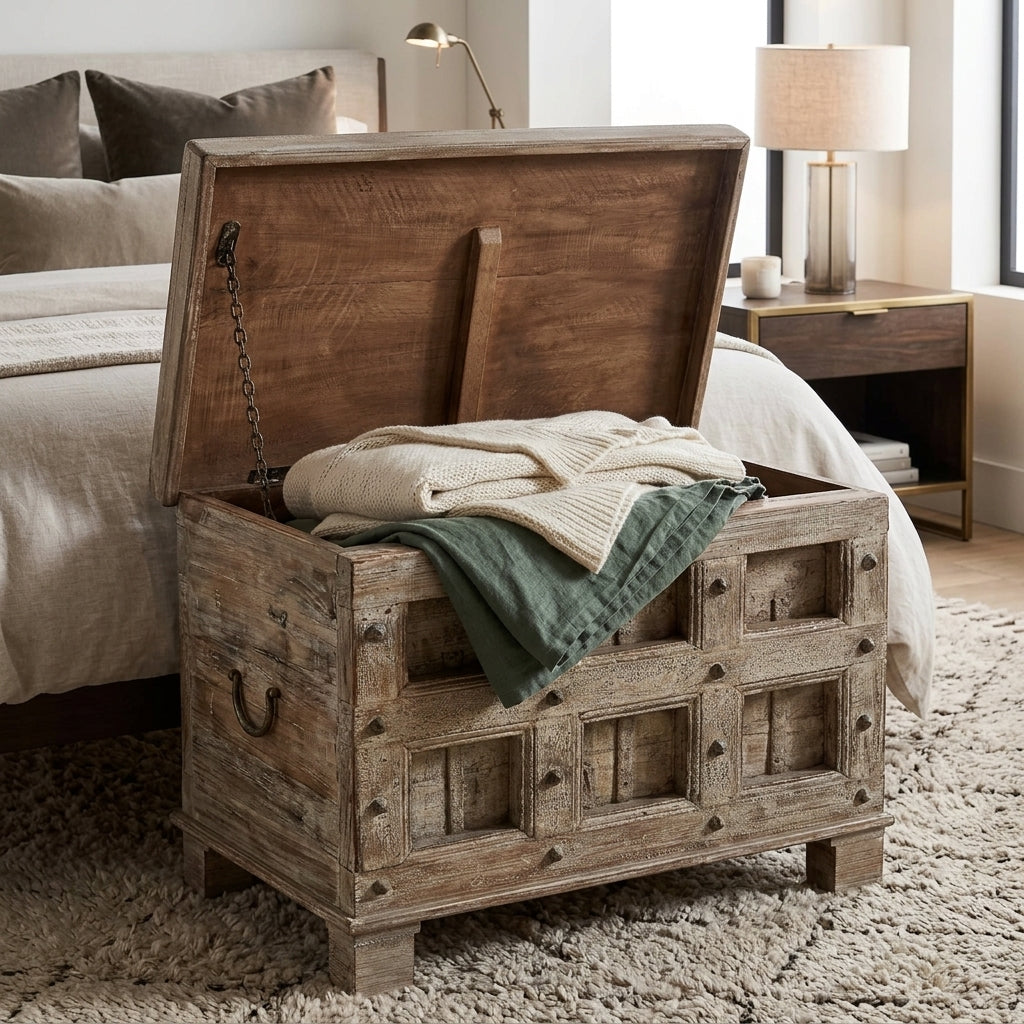 WS21 - Reclaimed Wood Antique Panel Storage Chest / Bench