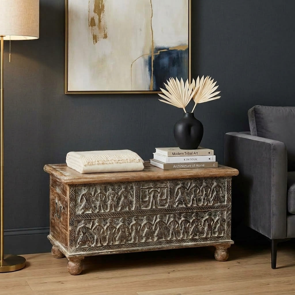 WS252391 - Reclaimed Wood Hand Carved Storage Chest-Bench
