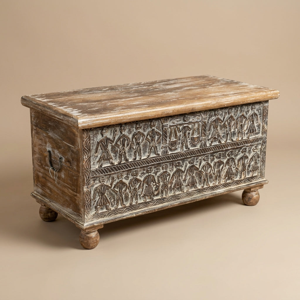WS252391 - Reclaimed Wood Hand Carved Storage Chest-Bench