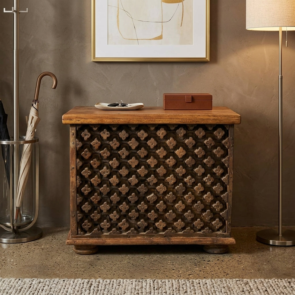 WS47 Reclaimed Wood Carved Antique Panel Storage Chest / Bench