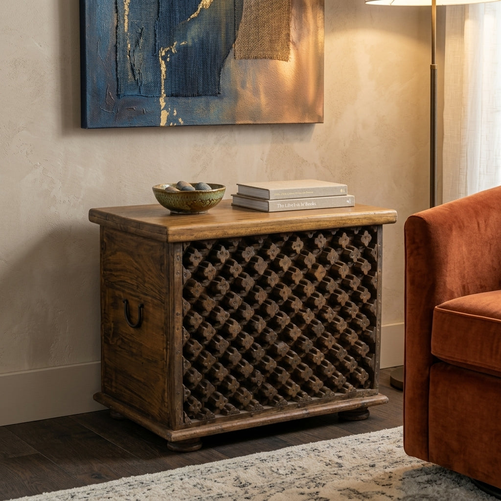 WS47 Reclaimed Wood Carved Antique Panel Storage Chest / Bench