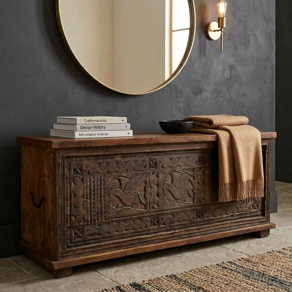 WS63 - Reclaimed Wood Antique Panel Front Storage Chest / Bench