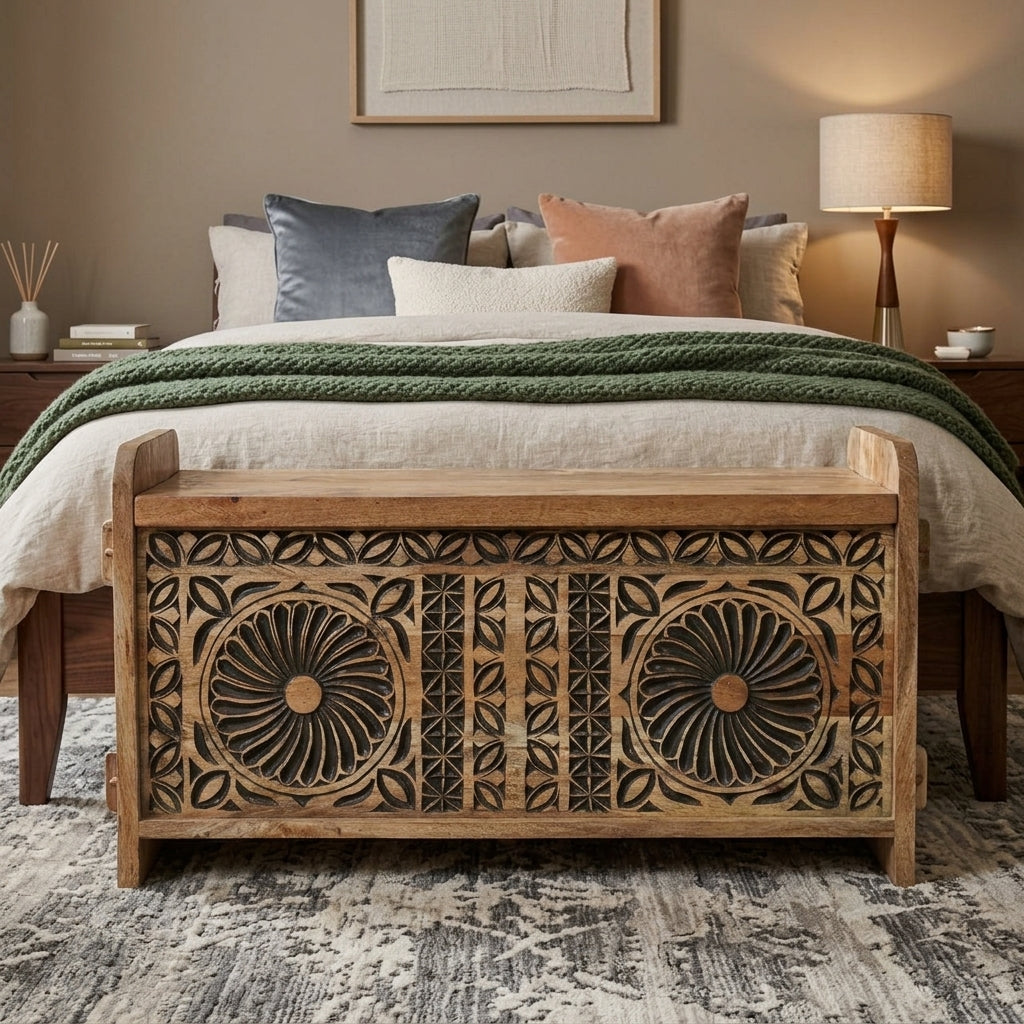 WS64 - Solid Wood Carved Storage Chest / Bench